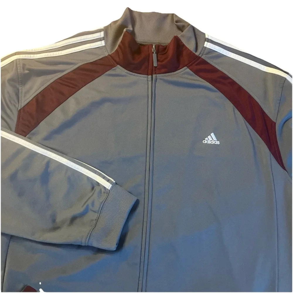 ADIDAS Full Zip Up Mock Neck Long Sleeve Gray Maroon Track Jacket Men's Size 2XL